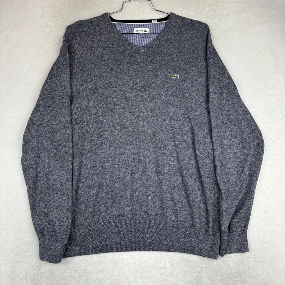 Lacoste Mens V-Neck Sweater Blue Marl Knit Crocodile Logo fits like a U.S. 2 XL
